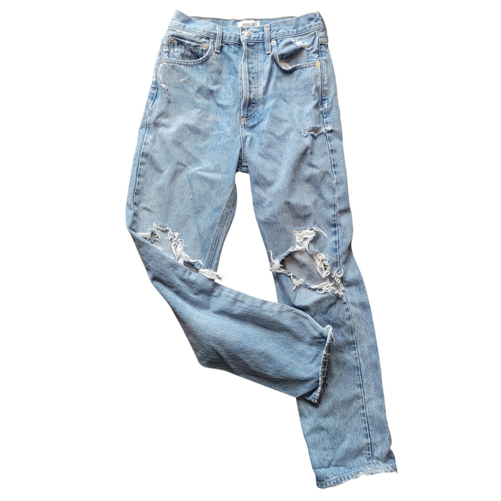 AGOLDE Jeans 24 Light Wash Distressed High Rise Straight Leg‎ Button Fly Denim